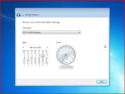 Windows 7 Setup Screen, Set Time Zone